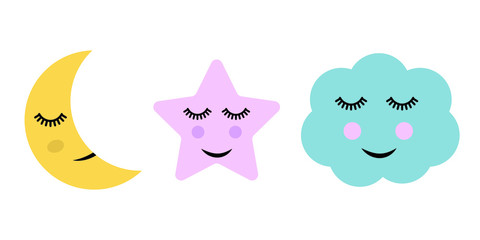Cute cartoon moon, star and cloud Illustration.