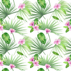 Watercolor illustration seamless pattern of tropical leaves and flower hibiscus. Perfect as background texture, wrapping paper, textile or wallpaper design. Hand drawn