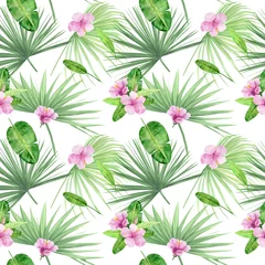 Fototapete Watercolor illustration seamless pattern of tropical leaves and flower hibiscus. Perfect as background texture, wrapping paper, textile or wallpaper design. Hand drawn © NataliaArkusha