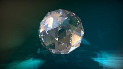 Transparent crystal sphere on dark blue background with reflections. 3D render