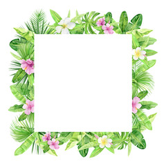 Green palm leaves and flowers frame. Tropical plant. Hand painted watercolor illustration isolated on white background. Realistic botanical art. For Wedding invitations and social media post