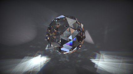 Transparent crystal glass sphere on dark background with reflections. 3D render