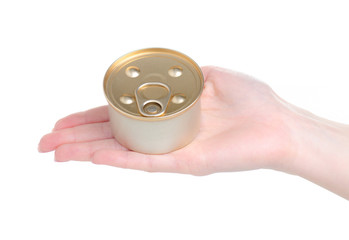 Hand holding jar tin canned food pate on white background isolation