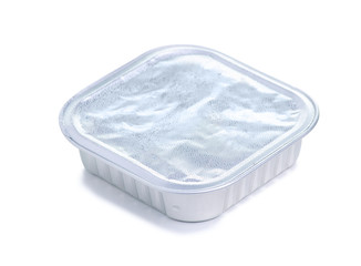 food in foil container pate on white background isolation