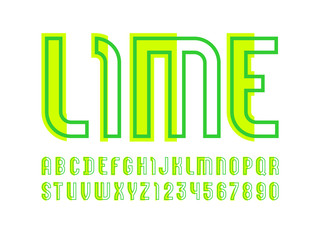 Trendy font, urban modern alphabet, stylish letters made of green outline and lime pieces, vector illustration 10EPS