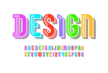 Trendy striped font, colored alphabet sans serif, modern uppercase letters and numbers, vector illustration 10EPS