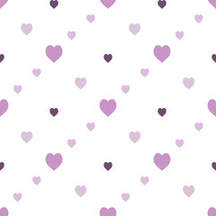 Seamless pattern with cute light and dark violet hearts on white background. Vector image.