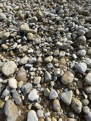 River stones sruned by jets of water. Close-up of small rock during drought