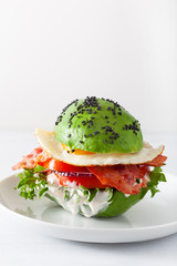 keto paleo diet avocado breakfast burger with bacon, egg, tomato