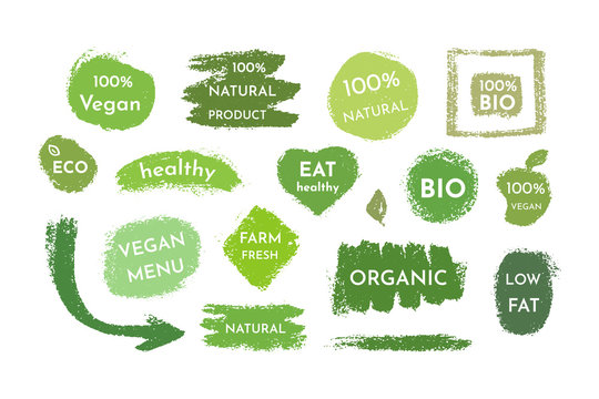 Hand drawn vegan food labels and tags vector collection. Eco, bio, organic, fresh, healthy, 100 natural, food, raw product.