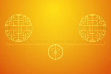 Simple seesaw scales weighing big and small abstract spheres. Balance, comparison and equality concept. Wireframe low poly mesh vector illustration