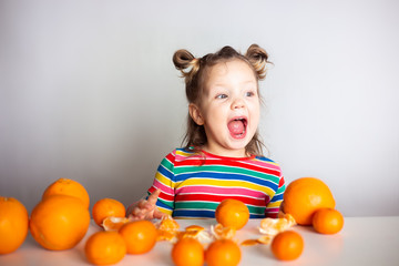 Fototapeta na wymiar girl with oranges in basket isolated on white