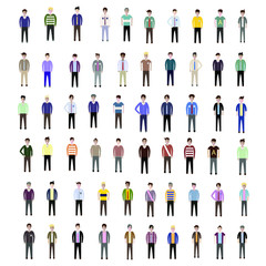 Young people, teenagers and students. Fashion man and woman in modern clothes. Different characters stay on white background.