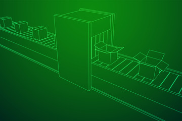 Conveyor belt section with pack boxes. Factory production equipment. Wireframe low poly mesh vector illustration