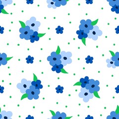 Flower pattern. Seamless floral design with tiny blue flowers and green leaves on dotted background. Great for fashion fabric and home decor textile.