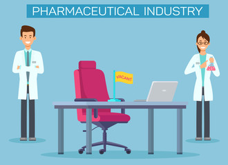 Pharmaceutical Industry Vacancies Banner Template. Vacant Position in Pharmacy Company. Cartoon Lab Workers, Chemists, Scientists Experimenting with New Medication Flat Characters. Drugstore Poster