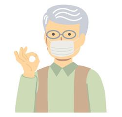 緑の服を着てマスクをしたシニア男性