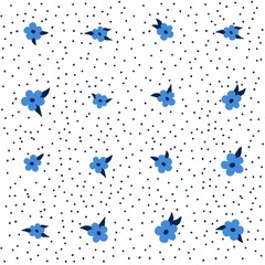 Floral seamless pattern with cute little blue flowers on with leaves on dotted white background. Spring fashion print. Ditsy art design.