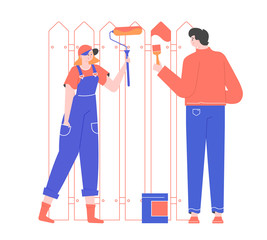 People paint the fence. A young couple of workers is renovating the house. Paint roller, brush and paint can. Vector flat illustration.