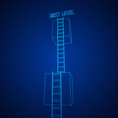 Next level with high giant box wall towards the sky with clouds and tall ladders. Pass challenge to reach the goal concept. Wireframe low poly mesh vector illustration.