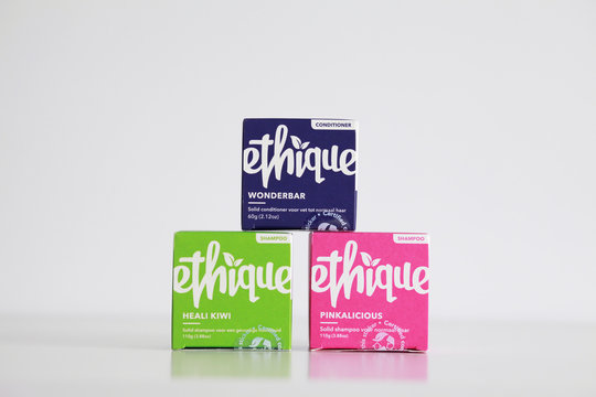 Amsterdam / Netherlands - March 7 2020: Zero waste shampoo soap bars from brand Ethique