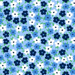 Cute floral seamless pattern. Modern disty delicate design with white and blue simple flowers and green leaves. Fashion print with spring motif.