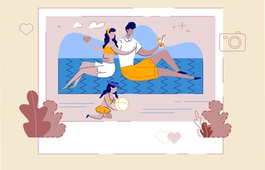 Summer Photo Young Family Relaxing on Sea Beach. Couple, Guy and Girl Sitting on Mat, Husband Drinks Cocktail and Hugs Wife. Daughter in Swimsuit Plays with Ball. Vector Holiday Illustration