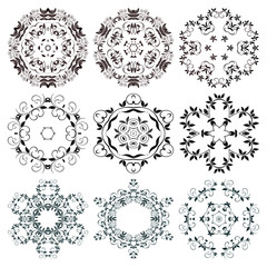 Round floral ornaments on background. Set