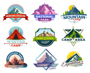 Mountain expedition, camping and hiking travel set