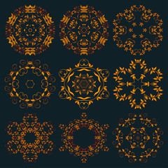 Big set of beautiful golden ornaments for your design on blue background. Round ornaments. Set