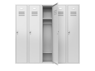 Metal gym lockers with one open door
