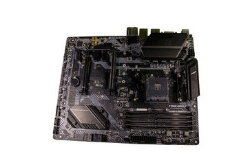 Modern computer motherboard isolated on white background. Electronic computer hardware technology