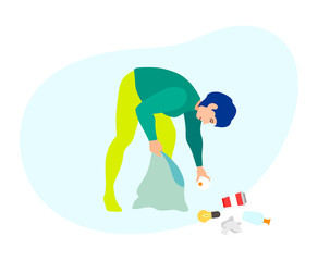 A woman collects scattered plastic trash. Vector illustration on the theme of ecology, recycling and environmental conservation. Character with trash bag isolated on a white background in flat style.