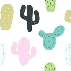 Vector seamless pattern with different cactus. Bright repeated texture with green cacti.