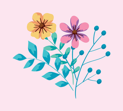 cute flowers and branches with leafs design
