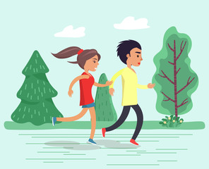 Fototapeta premium Teens running together in park or forest. Girl and boy jogging, outdoor activity for healthy people. Summer warm weather, beautiful landscape with green trees. Vector illustration of runners in flat
