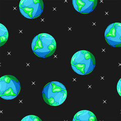 Seamless pattern with Earth on black background. Vector tourist concept. Design for web page, fabric, wallpaper, textile, invitations, flyers, brochures. 