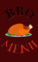 BBQ menu. Smoked chicken on a red background. Lettering. Design for menu, flyer, business card and advertisement.