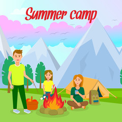 Summer Camp Vector Square Banner with Lettering. Travel Agency Poster. Outdoor Activity on Nature. Father, Mother, Daughter Cartoon Characters. Picnic in Forest. Tent in Mountains Flat Illustration