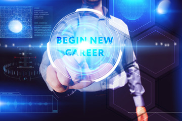 Business, Technology, Internet and network concept. Young businessman working on a virtual screen of the future and sees the inscription: