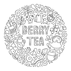 Berry tea. Round frame with lettering and drinking tea attributes in an outline style. Composition with abstract hand drawn elements. Doodle style. Template for cafe menu, packaging or signboard.