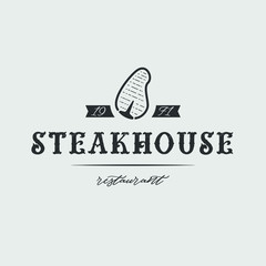 Steak house set logo with grill, knife, meat, wine and beer. A restaurant. Vector illustration.