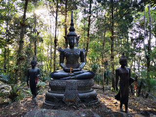 The Buddha statue is located in the dharma place in the peaceful forest.