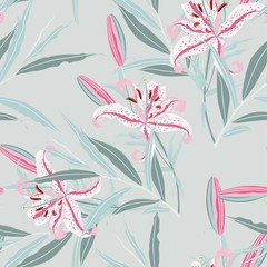 Beautiful outline Floral pattern pink lily flowers and mint herbs. Botanical Motifs random. Seamless  texture. For fashion prints. 