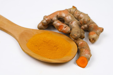 Turmeric powder in a wooden spoon and fresh turmeric roots isolated on a white background is an ingredient in turmeric foods and ingredients in skin care products. Turmeric helps strengthen the skin.