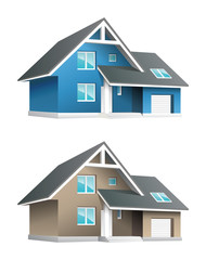 Set of cozy 3d houses, beige and blue with garage and porch. Vector illustration, editable clipart. House on a white background. Icon, symbol of construction, rental, purchase of real estate, comfort.