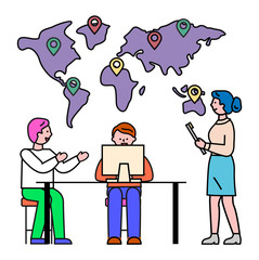 International business vector, man and woman discussing projects. Map with location pointers, place pins on world continents. Talking people at work, men and woman, computer on table illustration