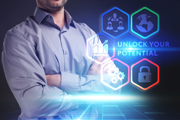 Business, Technology, Internet and network concept. Young businessman working on a virtual screen...