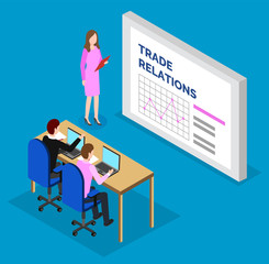 Fototapeta premium Woman standing near statistics charts and explain it to managers. Lady with tablet near board with data diagrams on report. Trade relations between countries, diplomacy. Vector, isometric style