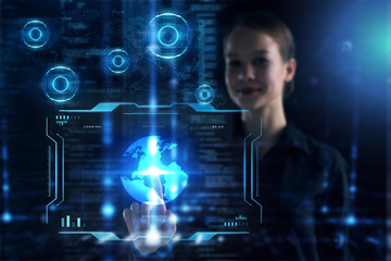 Business, Technology, Internet and network concept. Young businessman working on a virtual screen of the future and sees the inscription: